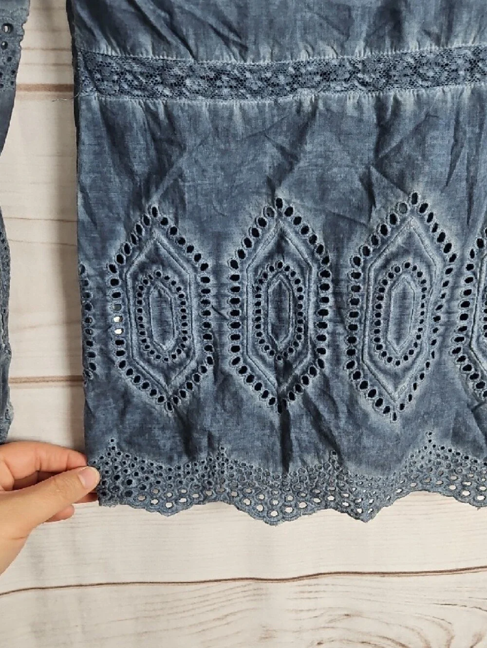 Lucky Brand Blue Acid Wash Eyelet Embroidered Boho Peasant Top | Small - Picture 8 of 11